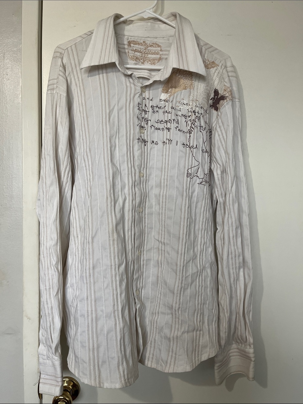 APRICOT White Striped Casual Button-Down Shirt with Embroidered Detail (Sz XXL)